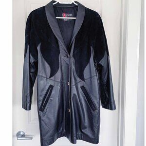 Vintage Black Leather Trench Coat: Oversized 80s/90s Patchwork Jacket (M-2XL)